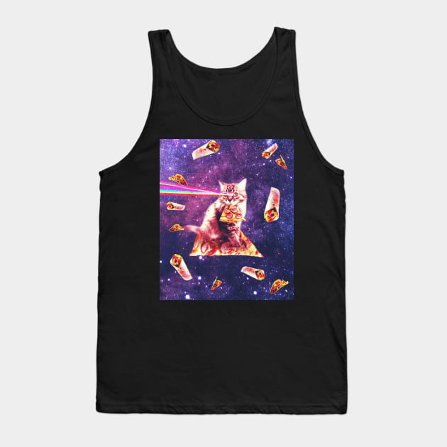 Space Cat Eating Pizza - Rainbow Laser Eyes, Burrito Tank Top by Random Galaxy